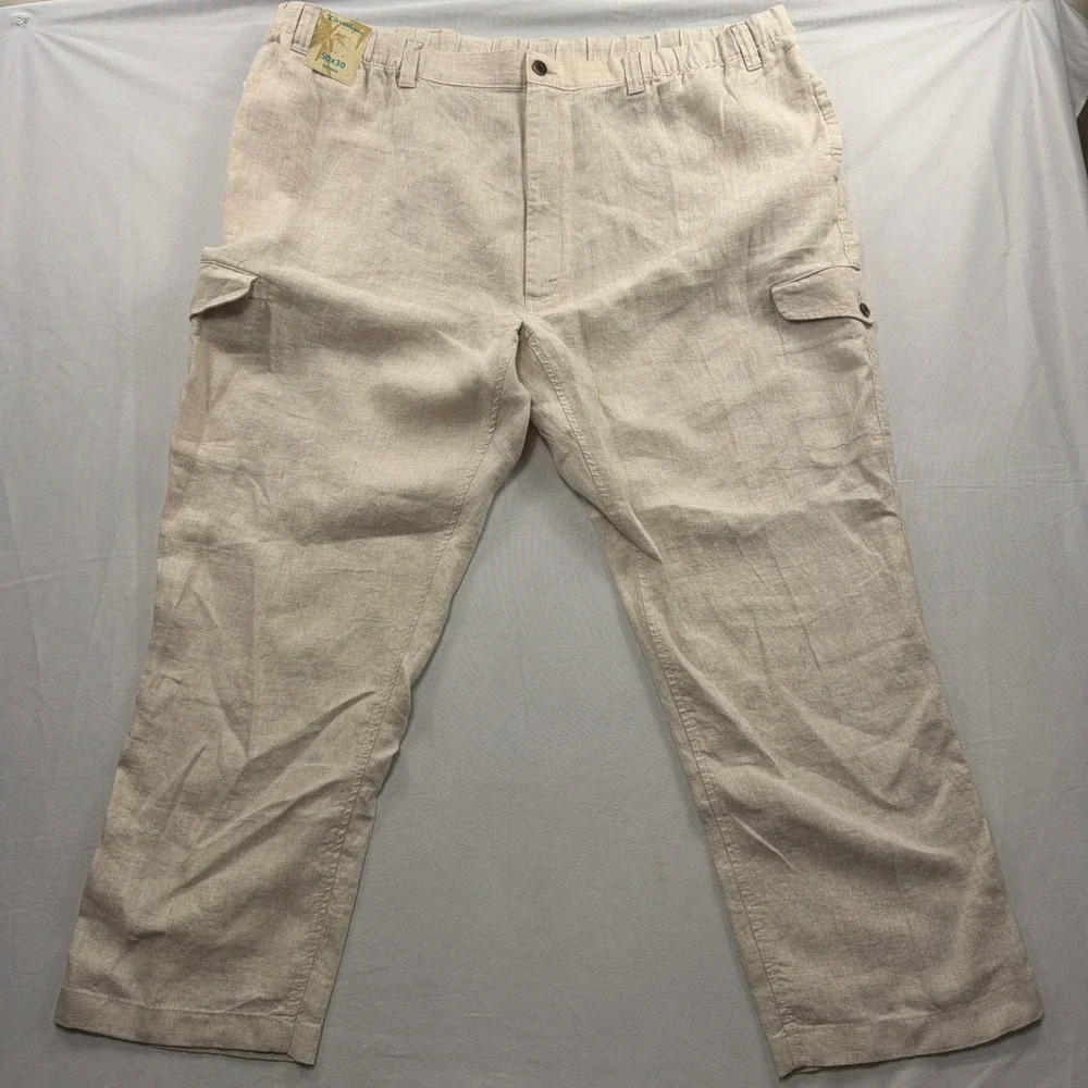 Caribbean Cargo Pants 100% Linen Elastic Waist Natural Mens 50x30 NWT